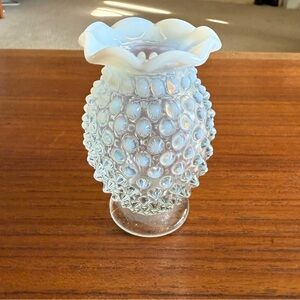 Vintage hobnail small White Glass bud vase.